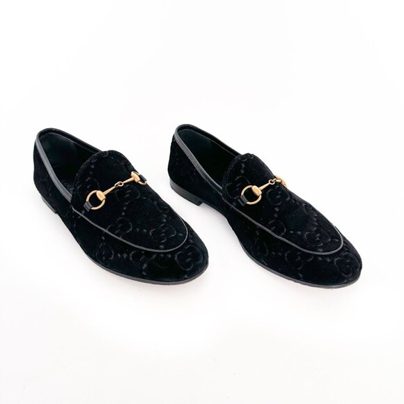 Gucci Shoes - Gucci Jordaan GG Horsebit Loafer EU 38 US 8 Black Monogram Velvet Flat Slip On